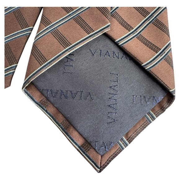Vianali men's 100% Seta Brown with stripes silk tie - Picture 2 of 4